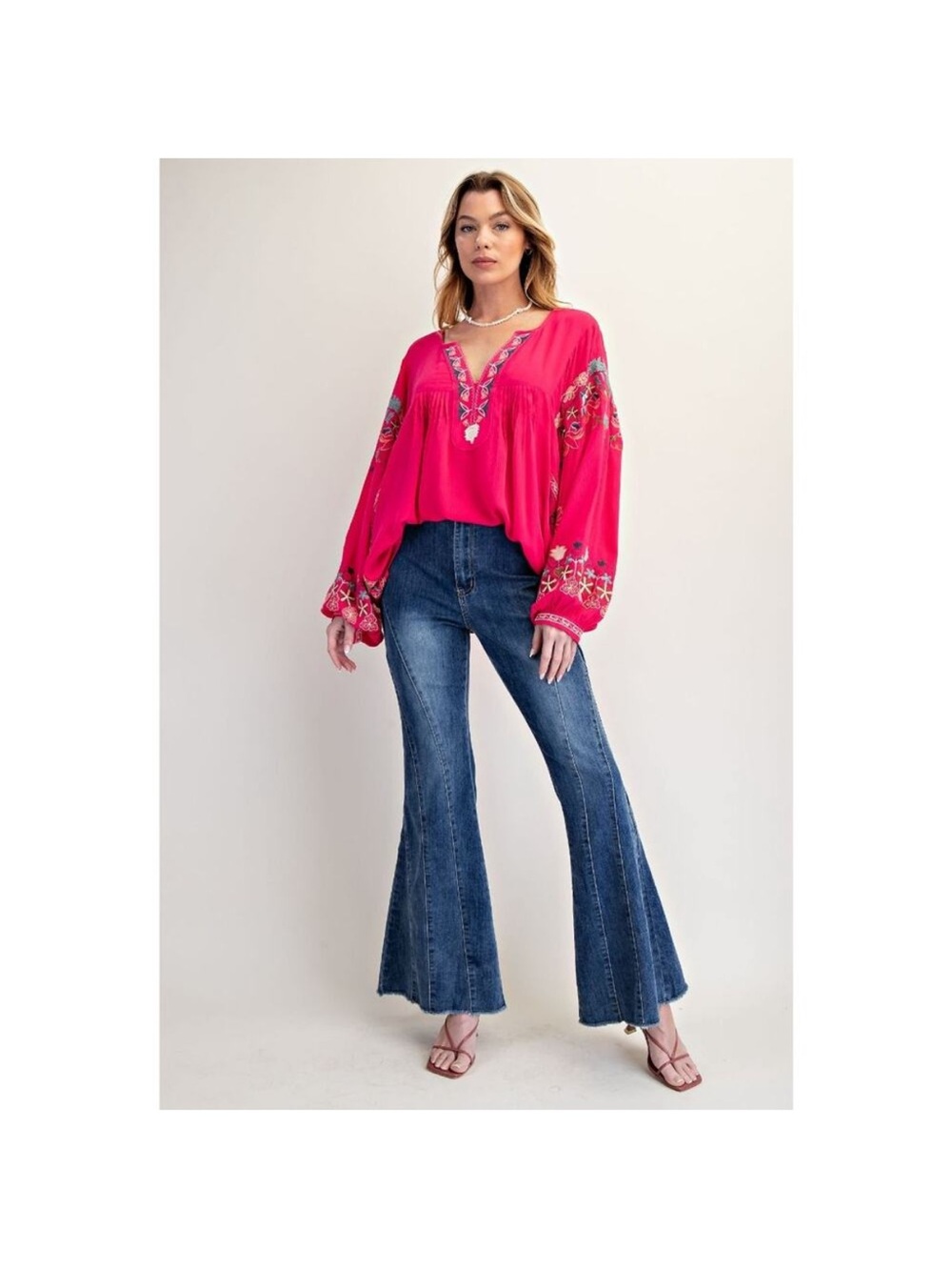easel “Bianca” Pink Embroidered V-Neck Peasant Tunic NWT - Picture 2 of 11